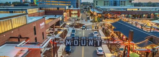 Aerial view of a street in Camp North End with the city skyline in the background