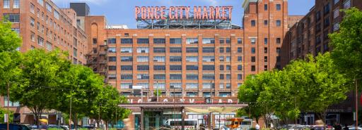 Ponce City Market's exterior façade with visitors in foreground